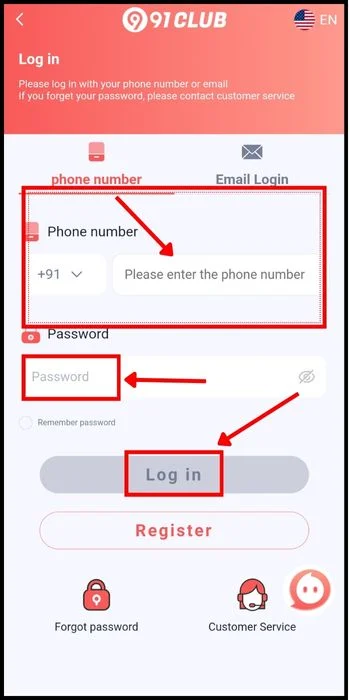 enter registered phone number and password to login