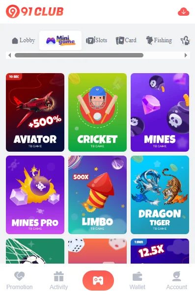 play mini games on 91 club